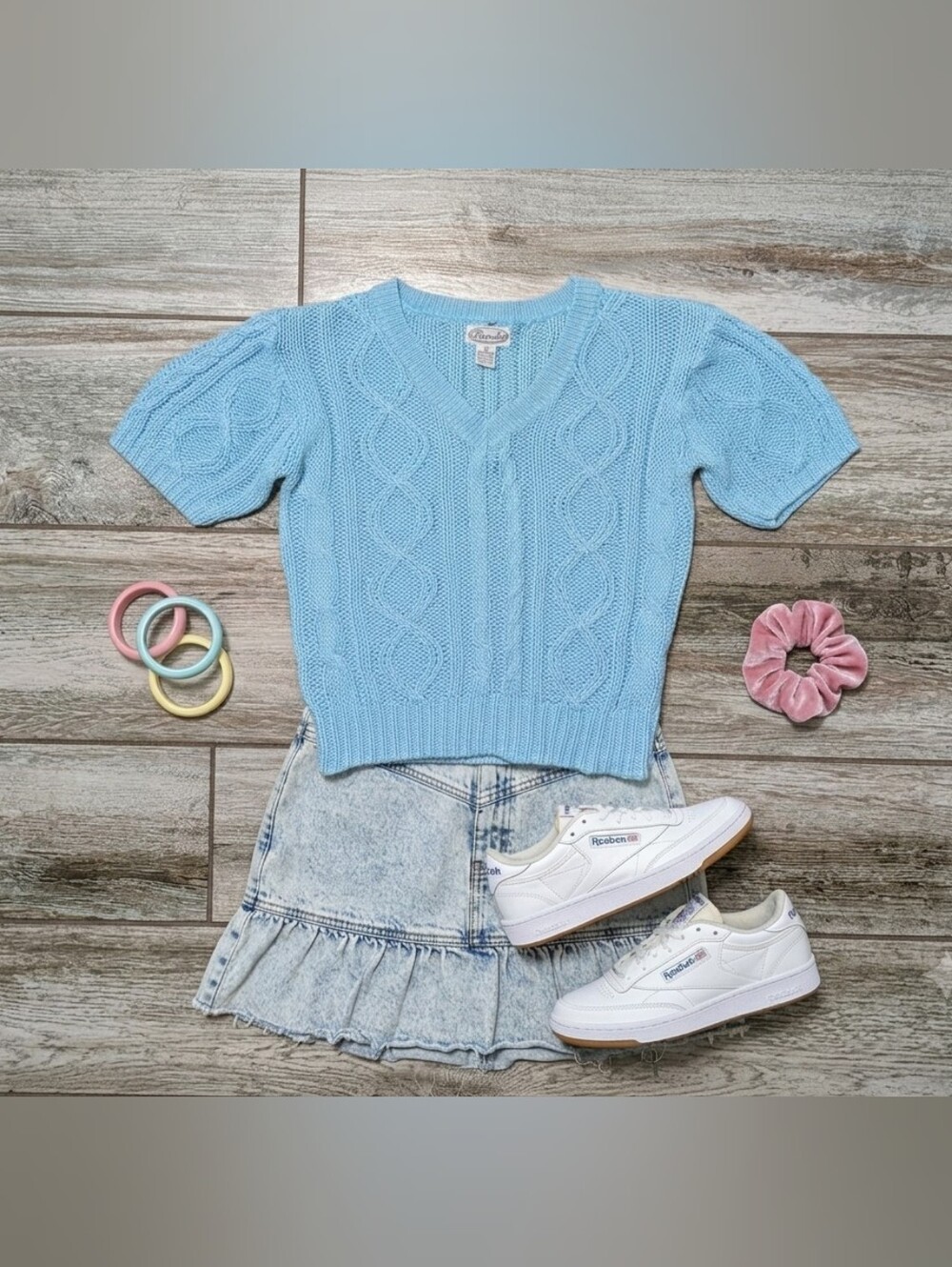 Vintage 80s Parrinello Sky Blue Cable Knit Cropped Short Sleeve Sweater Small